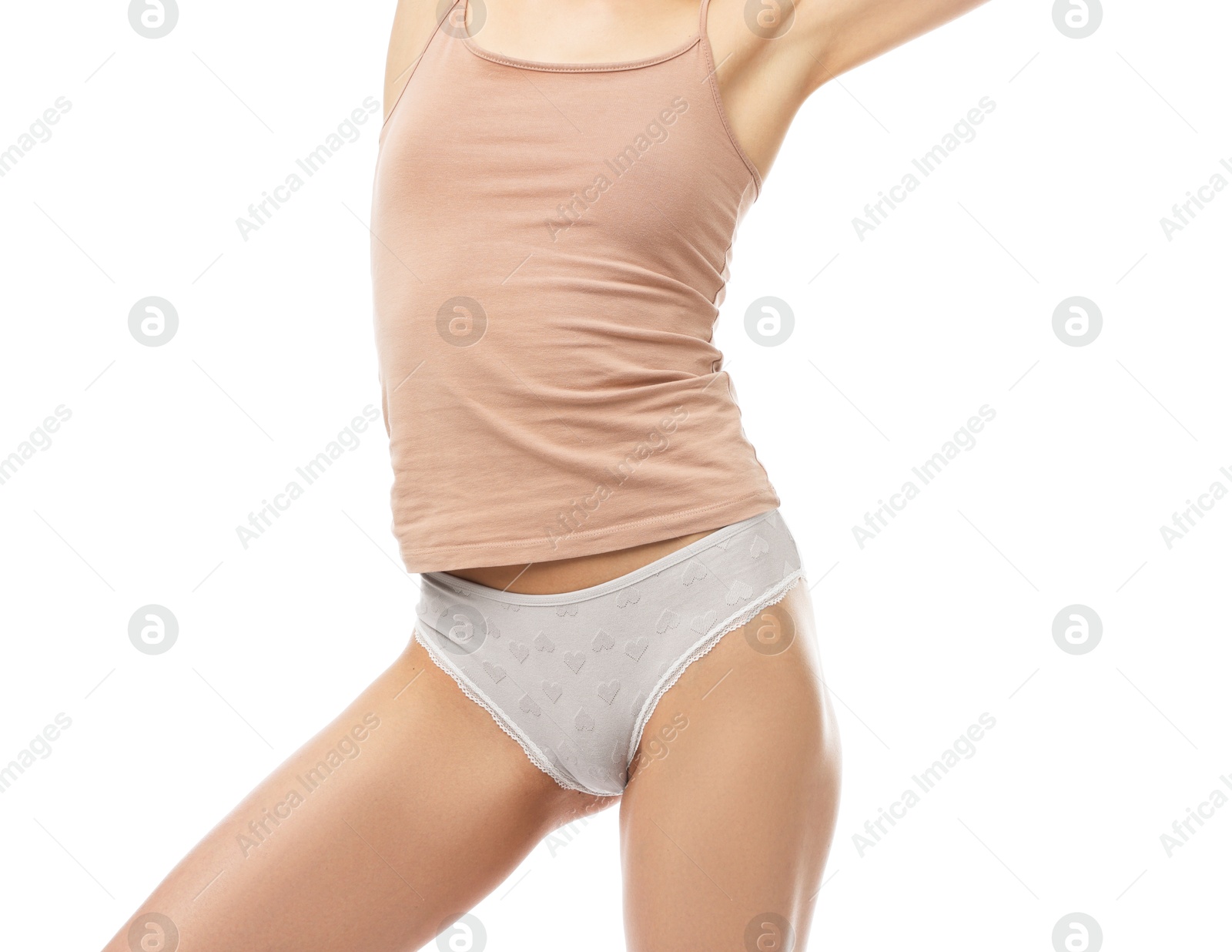 Woman wearing beautiful underwear on white background, closeup Photo of Woman wearing beautiful underwear on white background, closeup