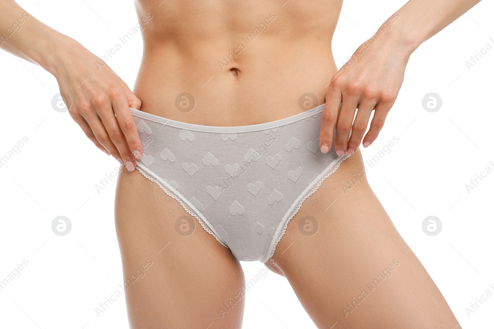Woman wearing beautiful underwear on white background, closeup Photo of Woman wearing beautiful underwear on white background, closeup