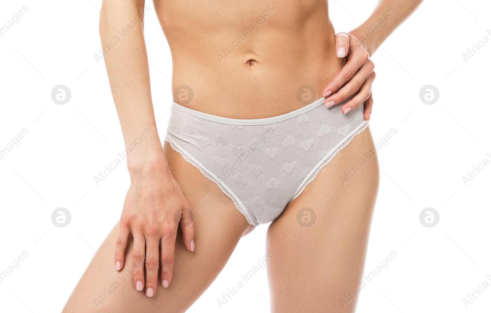 Woman wearing beautiful underwear on white background, closeup Photo of Woman wearing beautiful underwear on white background, closeup