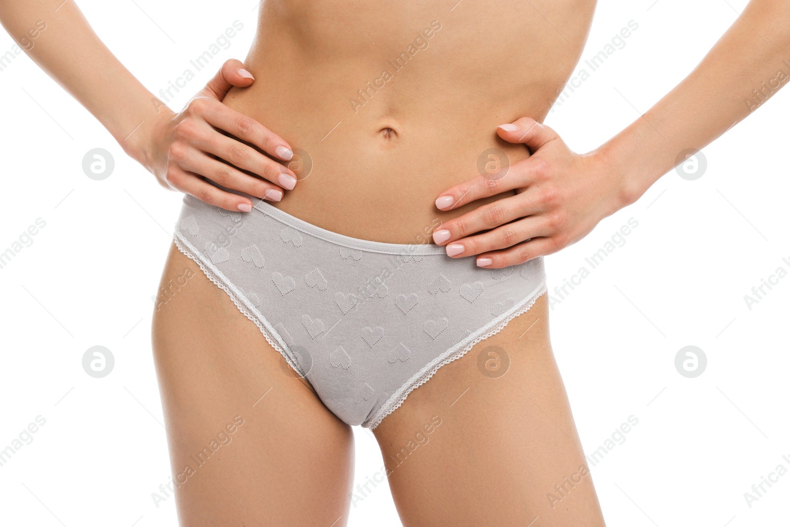 Woman wearing beautiful underwear on white background, closeup Photo of Woman wearing beautiful underwear on white background, closeup