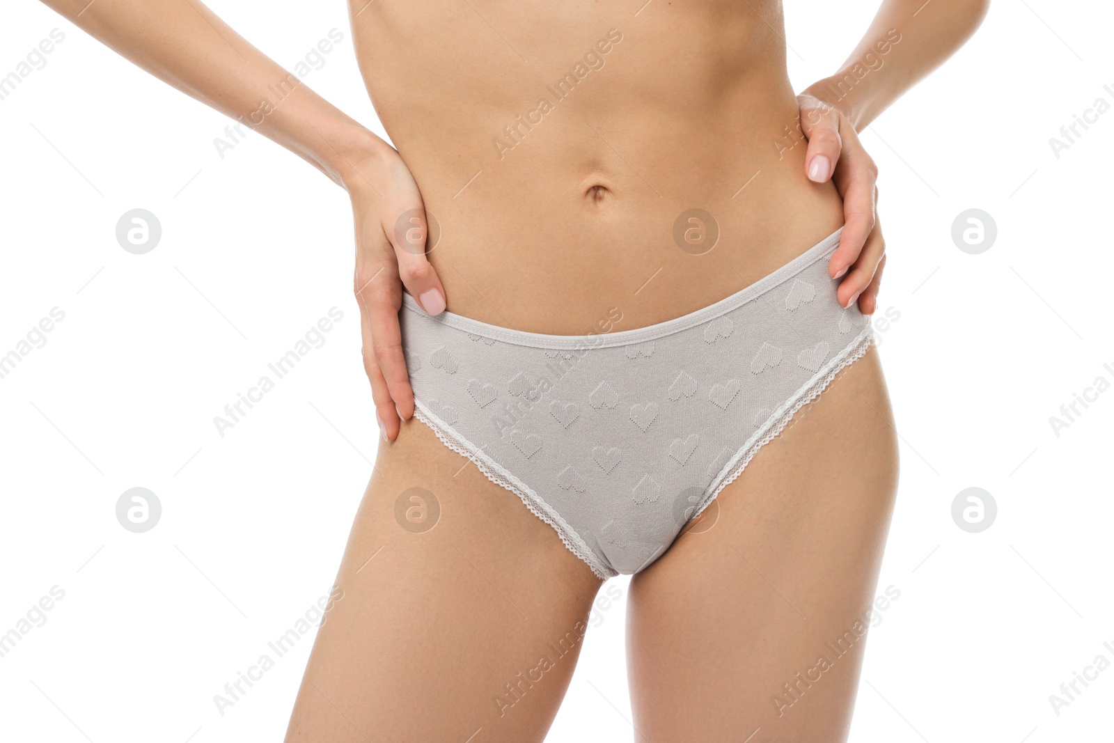 Woman wearing beautiful underwear on white background, closeup Photo of Woman wearing beautiful underwear on white background, closeup