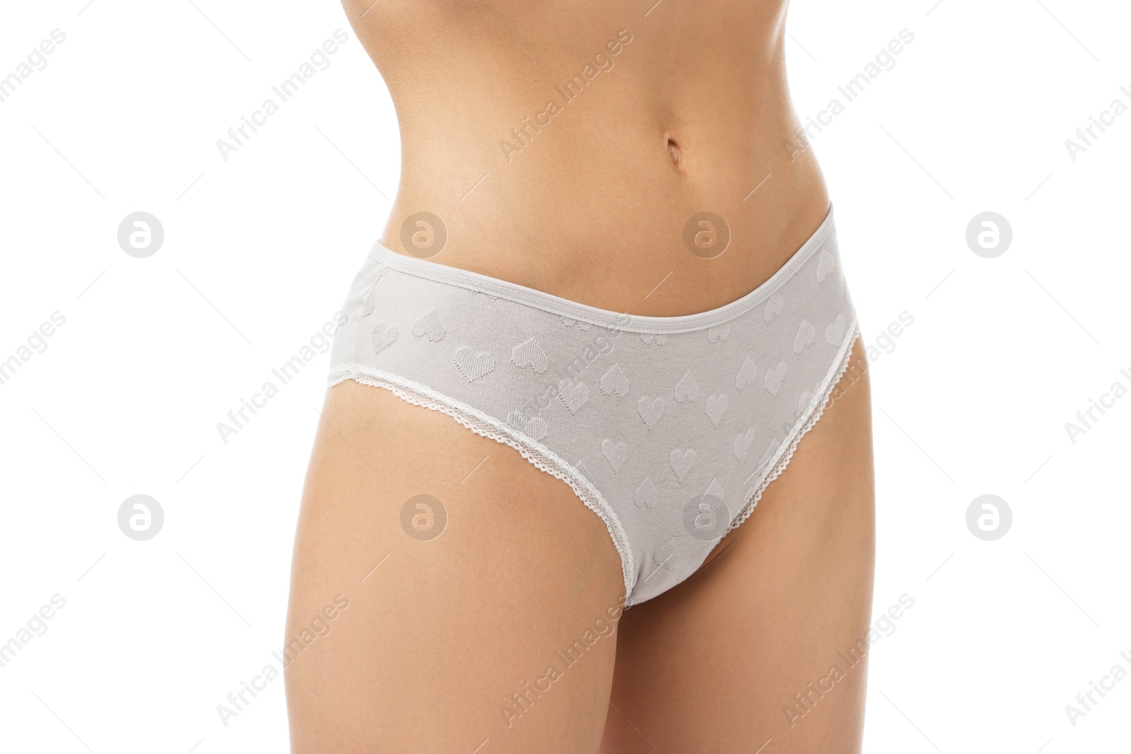 Woman wearing beautiful underwear on white background, closeup Photo of Woman wearing beautiful underwear on white background, closeup