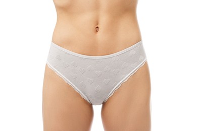 Photo of Woman wearing beautiful underwear on white background, closeup