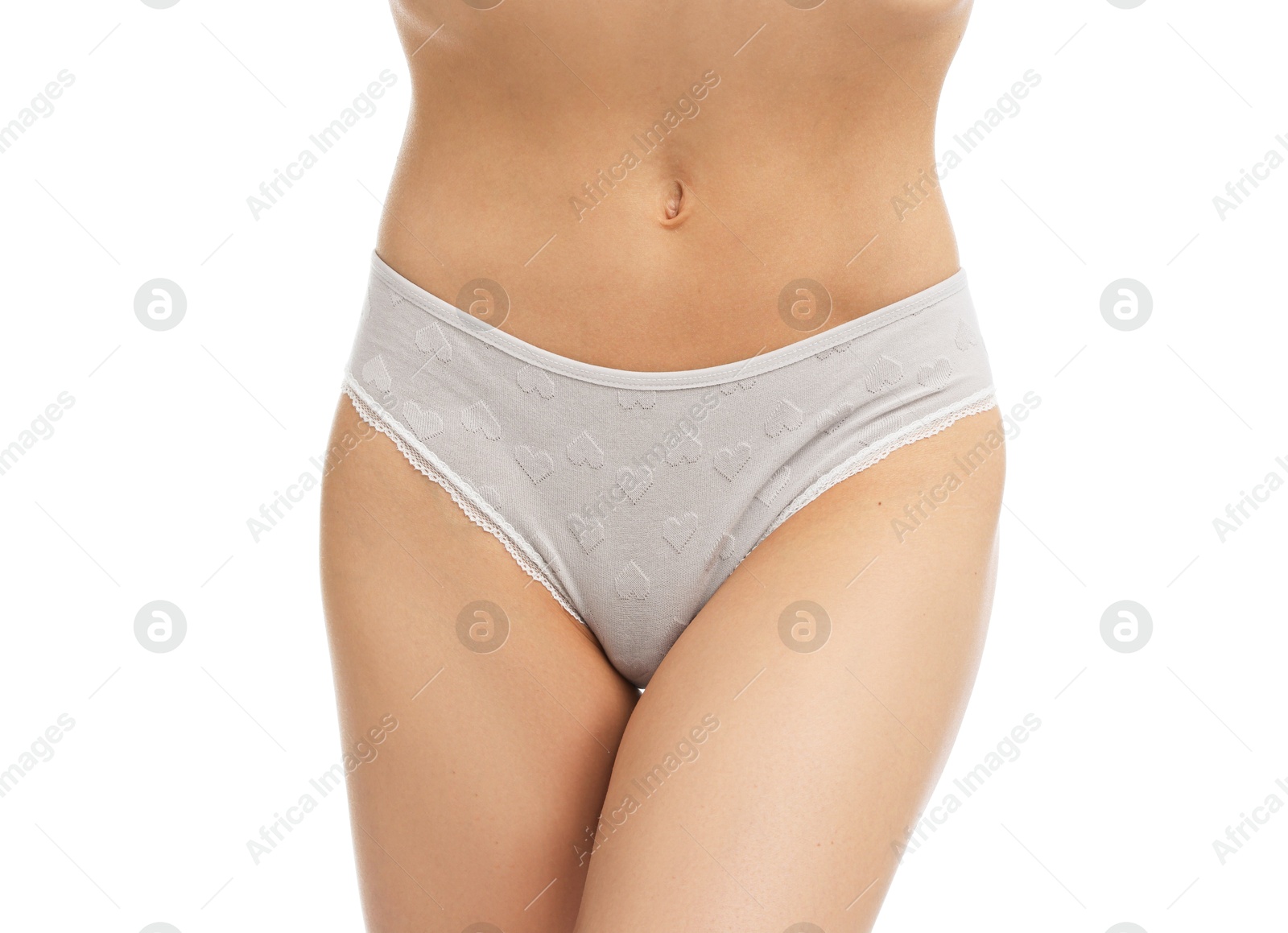 Woman wearing beautiful underwear on white background, closeup Photo of Woman wearing beautiful underwear on white background, closeup