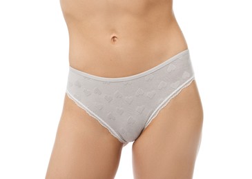 Photo of Woman wearing beautiful underwear on white background, closeup