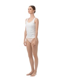 Photo of Woman wearing beautiful underwear on white background