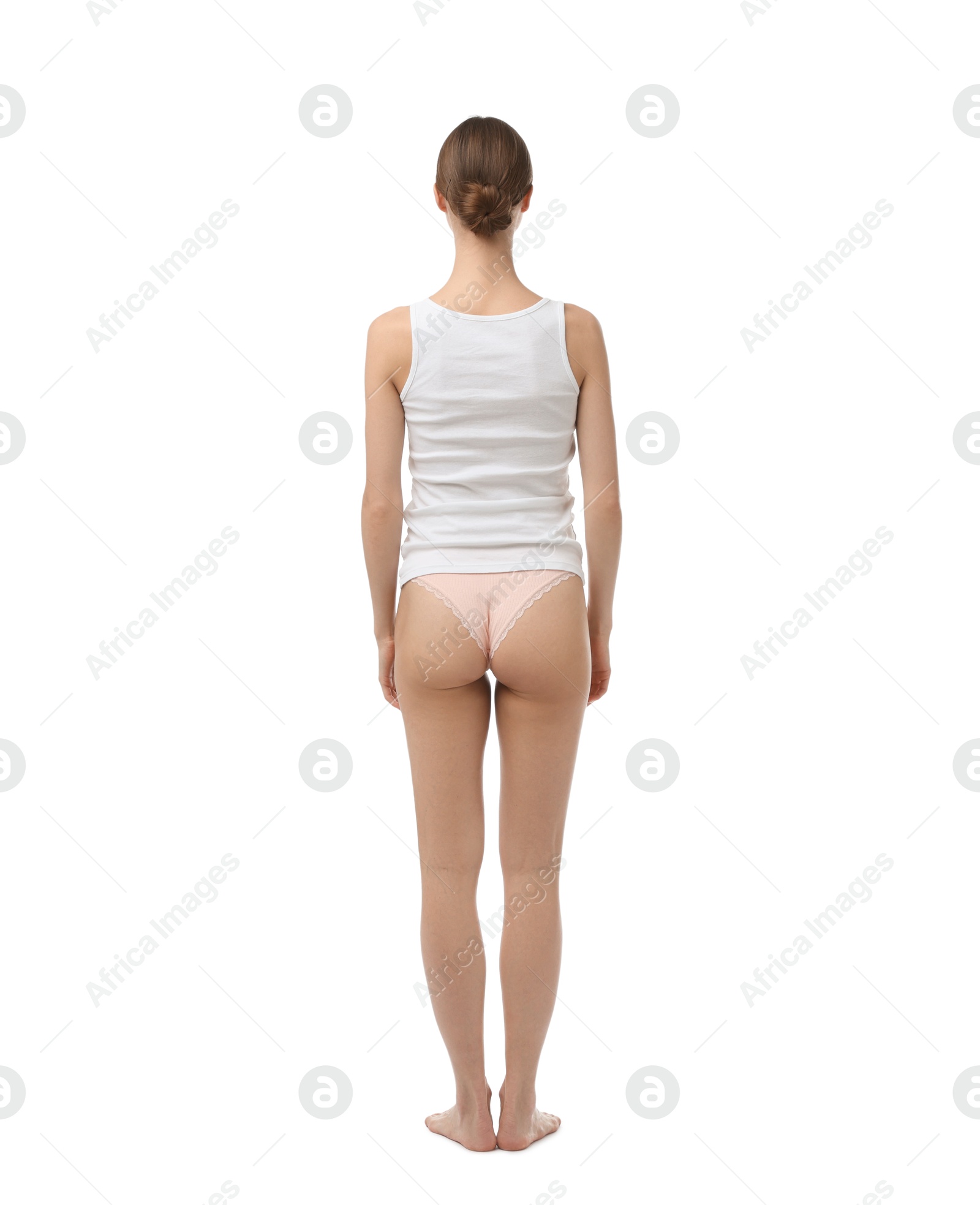 Woman wearing beautiful underwear on white background, back view Photo of Woman wearing beautiful underwear on white background, back view