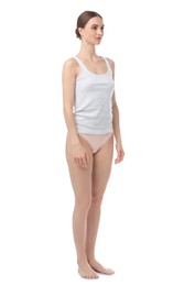 Photo of Woman wearing beautiful underwear on white background