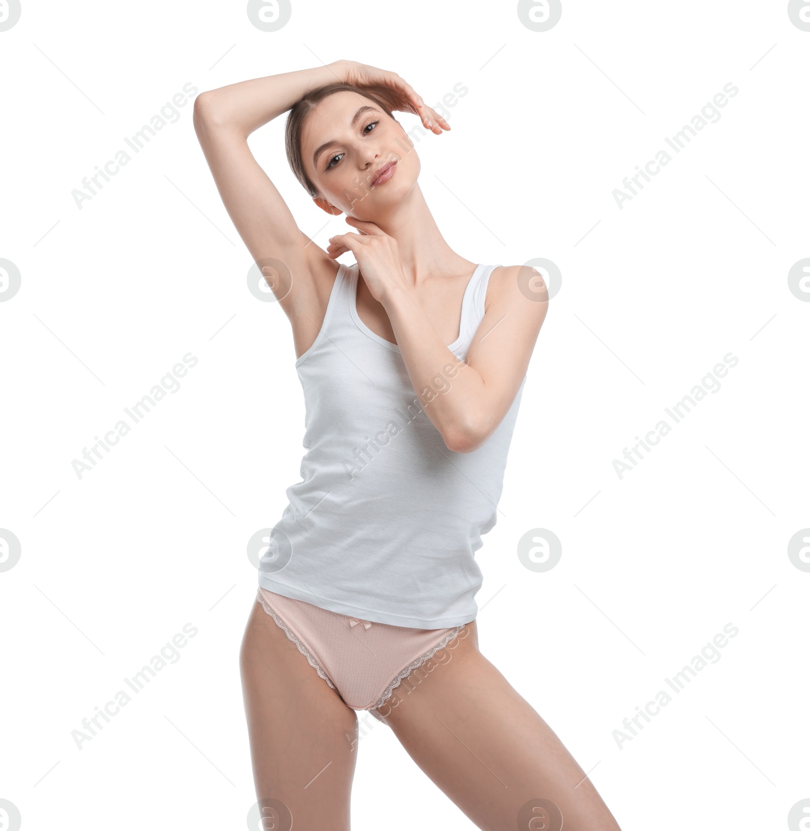 Woman wearing beautiful underwear on white background Photo of Woman wearing beautiful underwear on white background