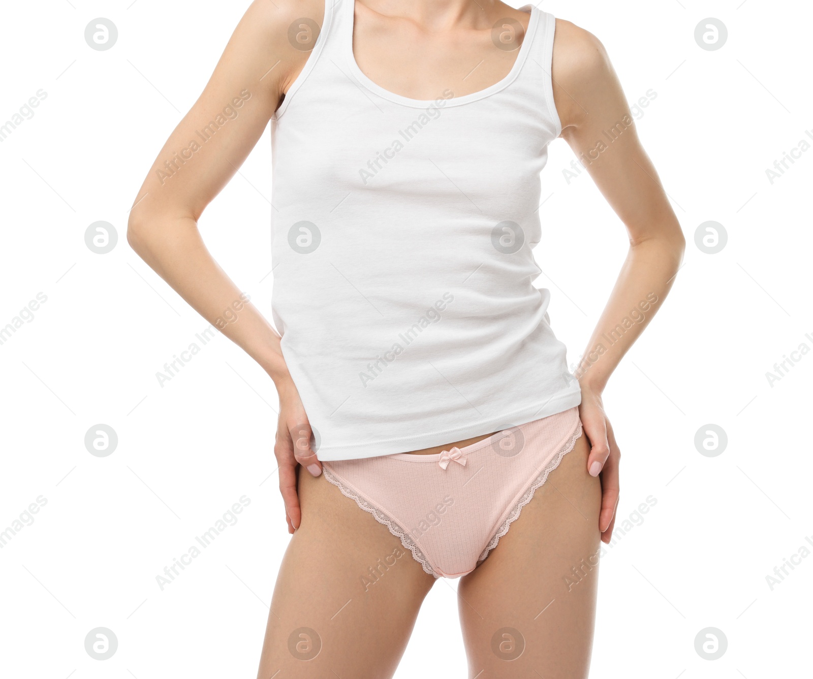 Woman wearing beautiful underwear on white background, closeup Photo of Woman wearing beautiful underwear on white background, closeup
