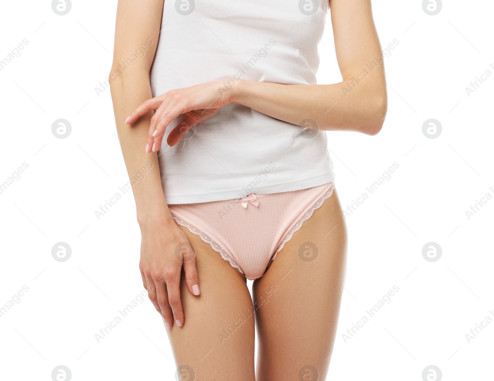 Woman wearing beautiful underwear on white background, closeup Photo of Woman wearing beautiful underwear on white background, closeup