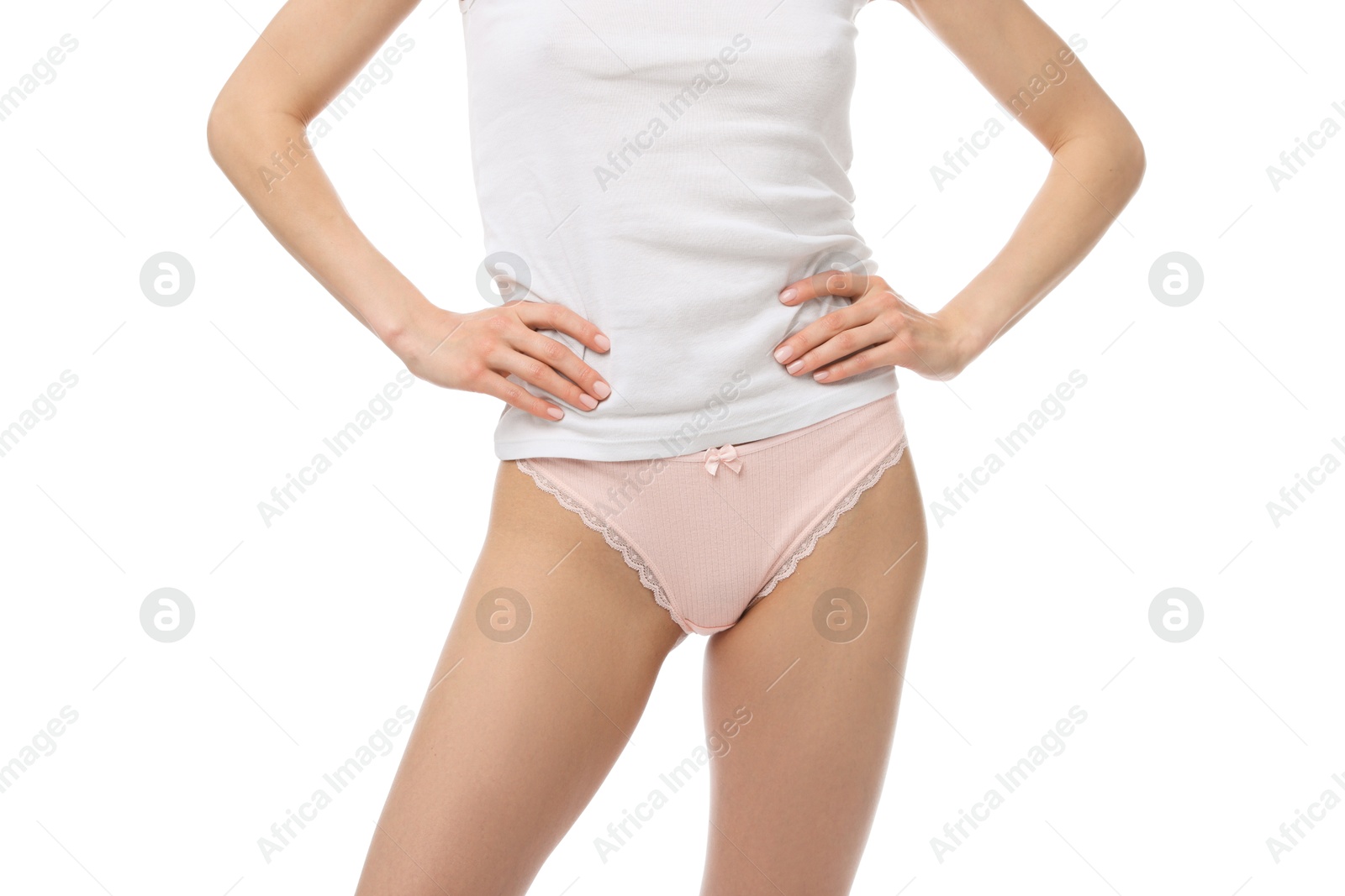 Woman wearing beautiful underwear on white background, closeup Photo of Woman wearing beautiful underwear on white background, closeup