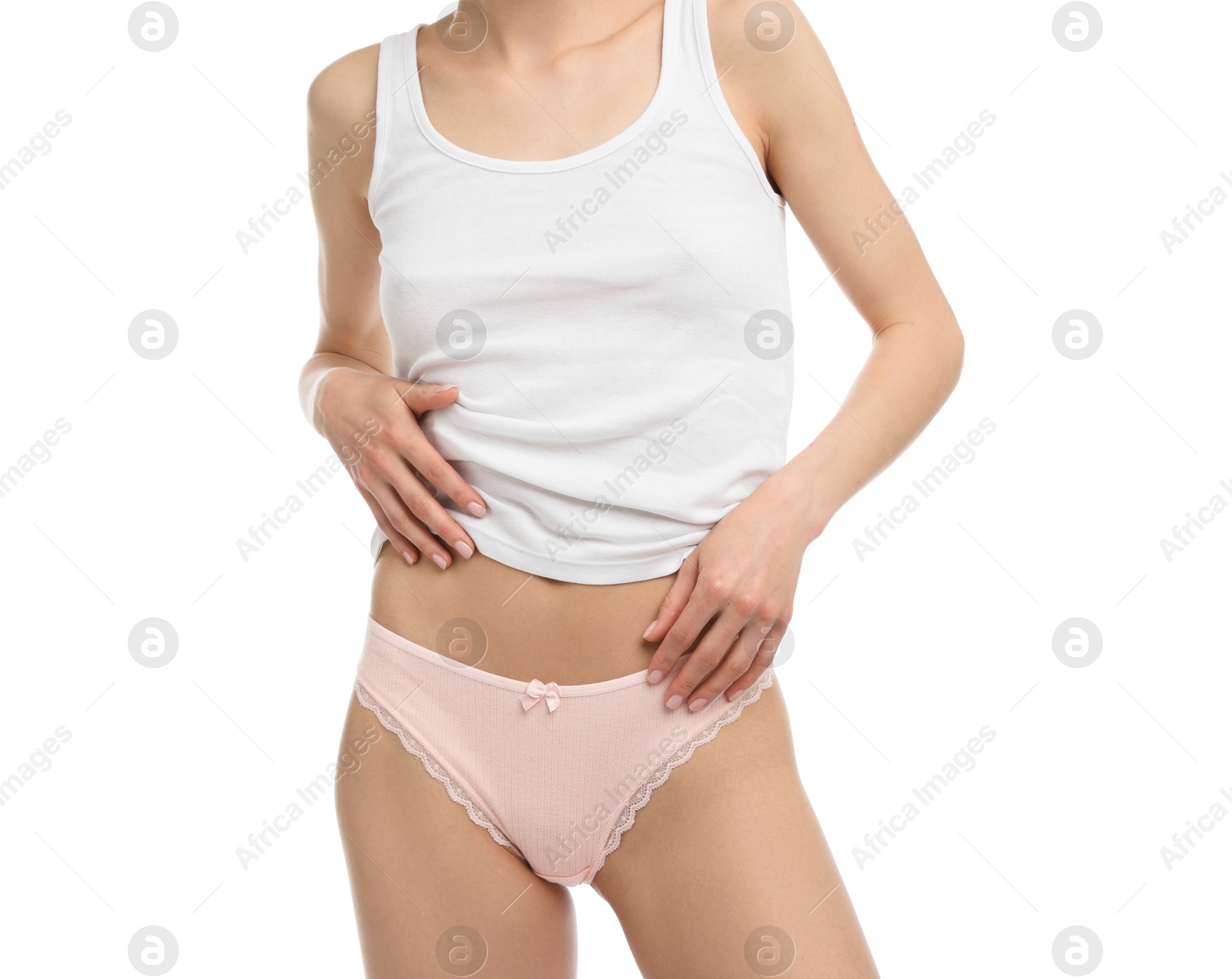 Woman wearing beautiful underwear on white background, closeup Photo of Woman wearing beautiful underwear on white background, closeup