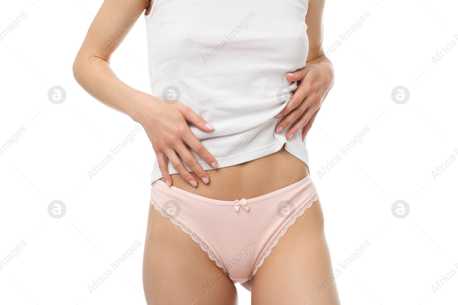 Woman wearing beautiful underwear on white background, closeup Photo of Woman wearing beautiful underwear on white background, closeup