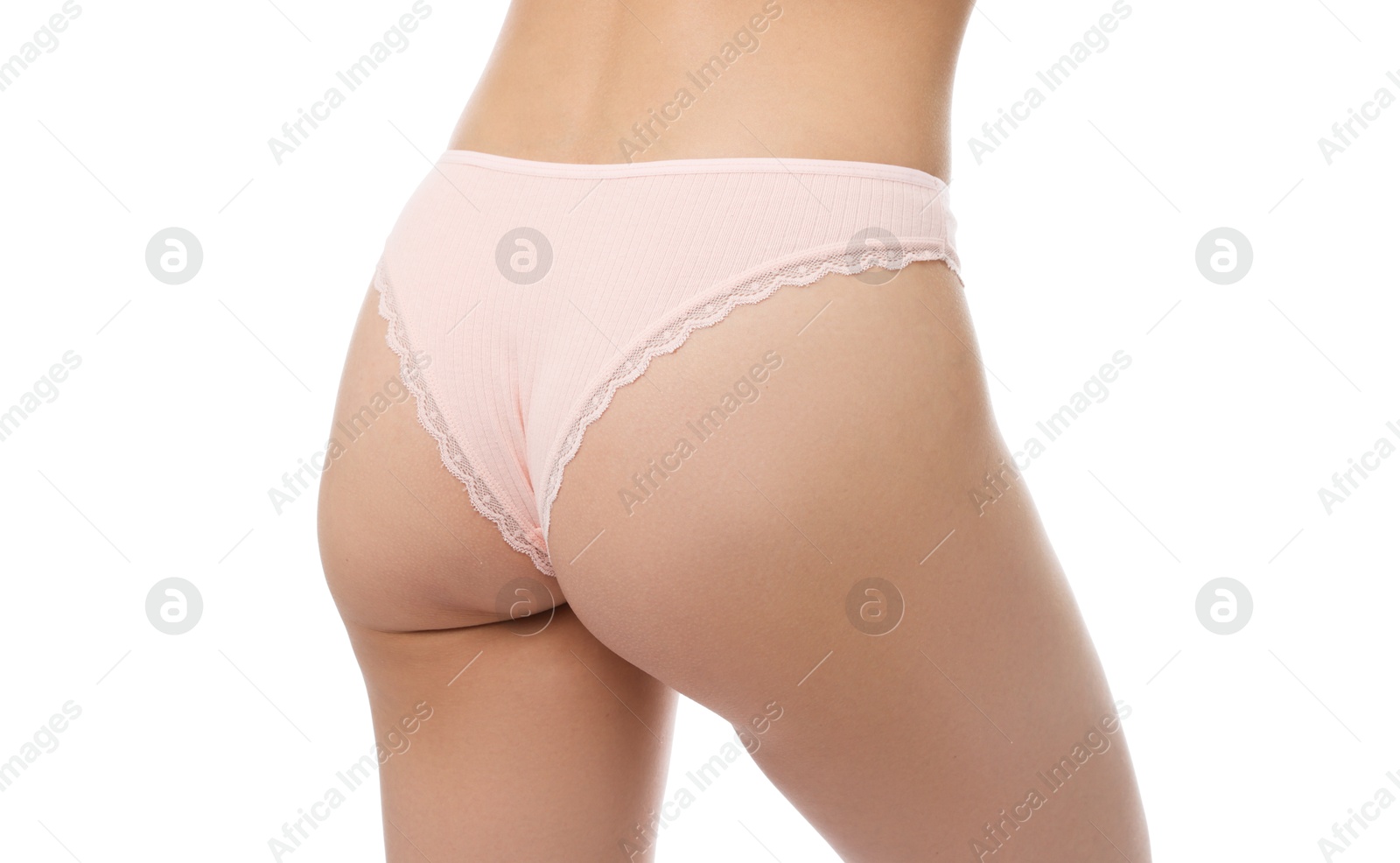 Woman wearing beautiful underwear on white background, closeup Photo of Woman wearing beautiful underwear on white background, closeup