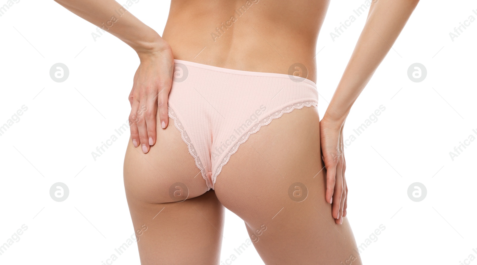 Woman wearing beautiful underwear on white background, closeup Photo of Woman wearing beautiful underwear on white background, closeup