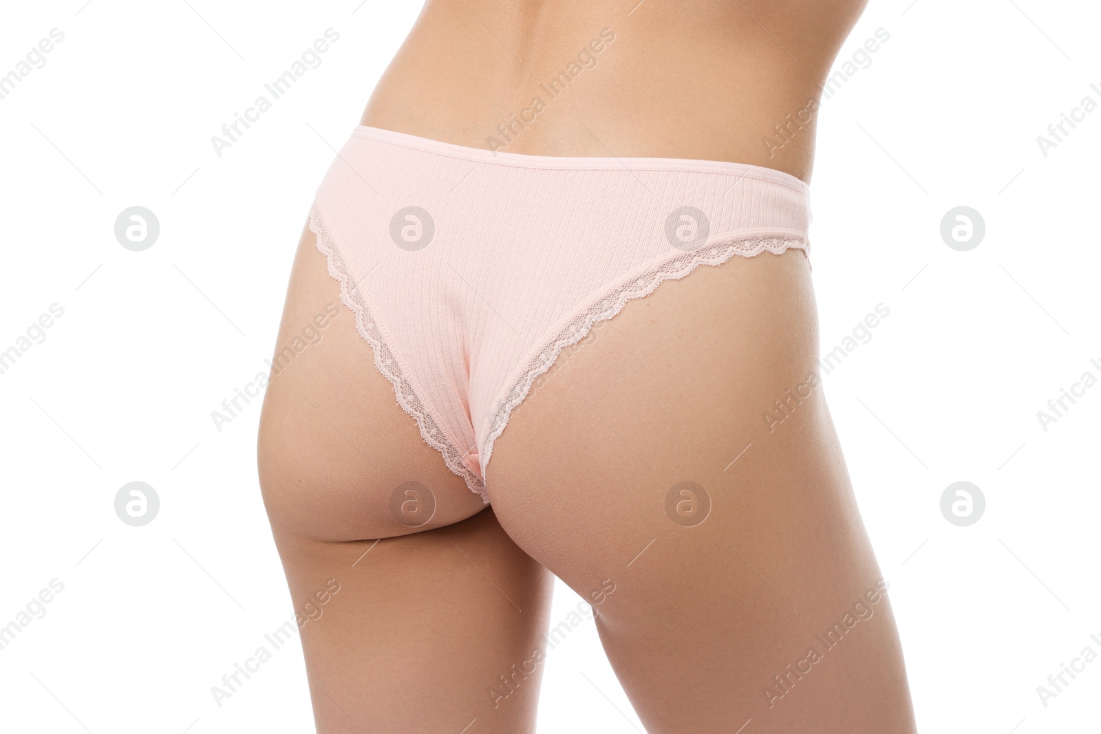 Woman wearing beautiful underwear on white background, closeup Photo of Woman wearing beautiful underwear on white background, closeup