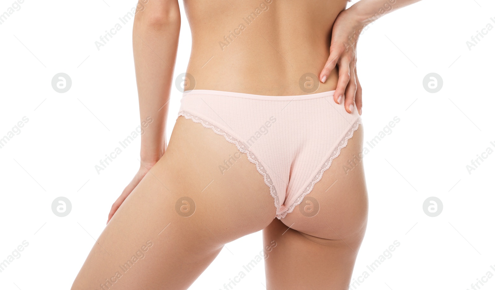 Woman wearing beautiful underwear on white background, closeup Photo of Woman wearing beautiful underwear on white background, closeup