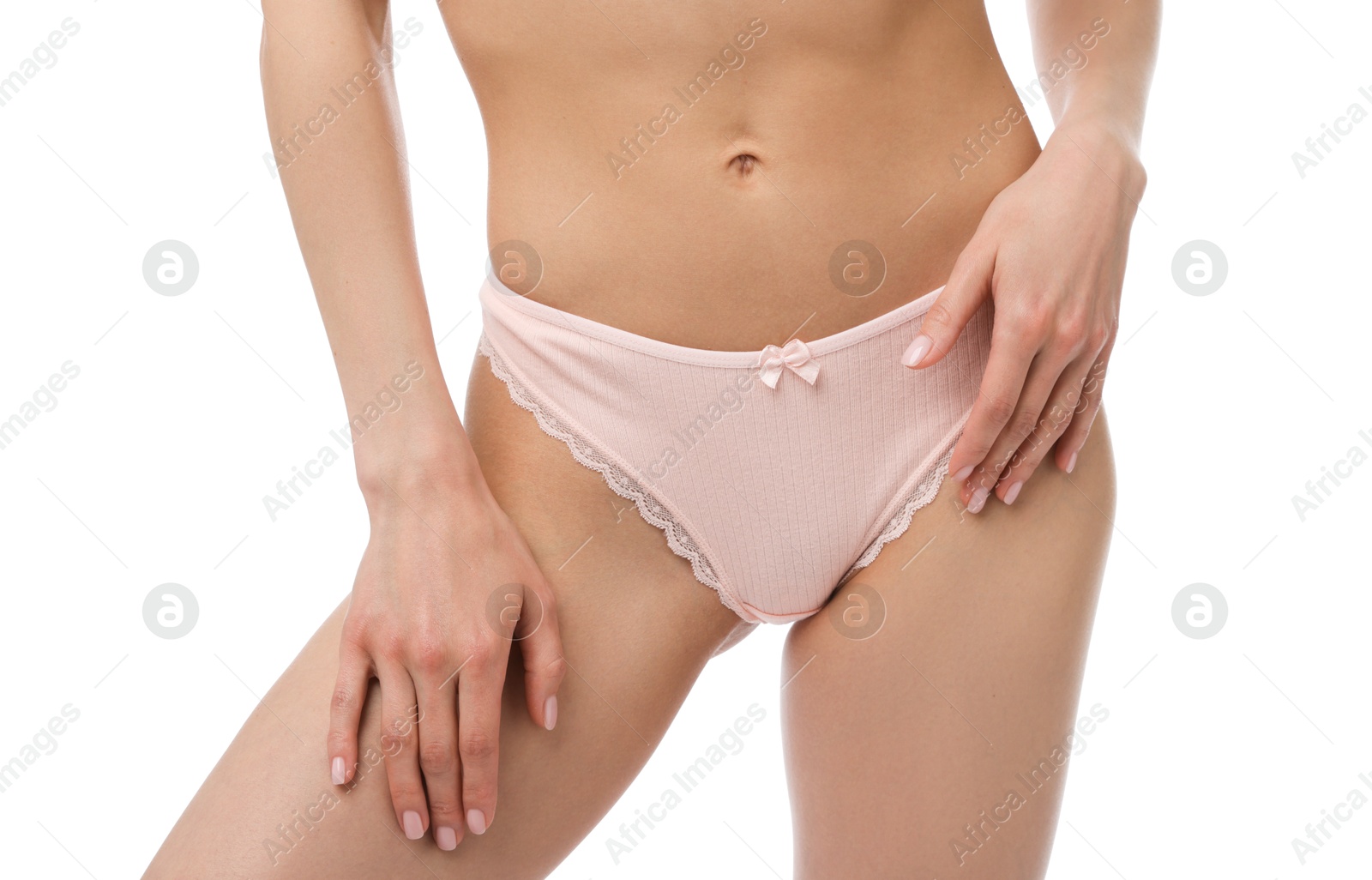 Woman wearing beautiful underwear on white background, closeup Photo of Woman wearing beautiful underwear on white background, closeup