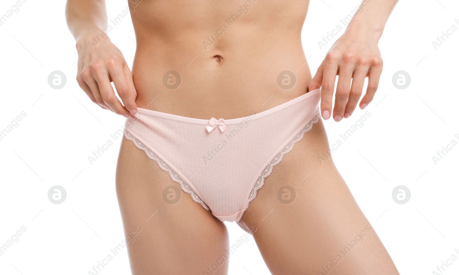 Woman wearing beautiful underwear on white background, closeup Photo of Woman wearing beautiful underwear on white background, closeup