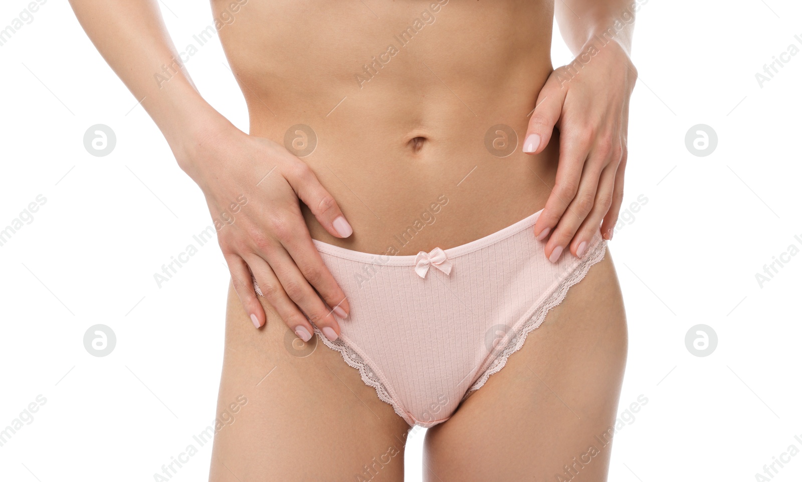 Woman wearing beautiful underwear on white background, closeup Photo of Woman wearing beautiful underwear on white background, closeup