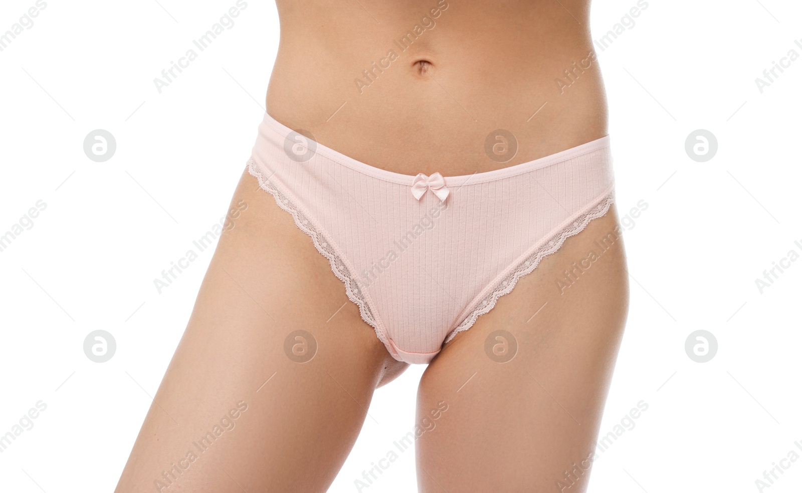 Woman wearing beautiful underwear on white background, closeup Photo of Woman wearing beautiful underwear on white background, closeup