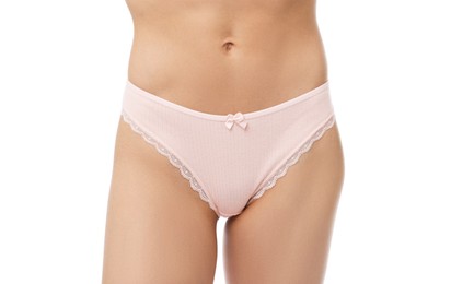 Photo of Woman wearing beautiful underwear on white background, closeup