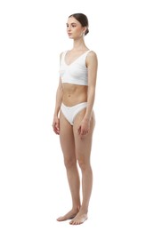 Photo of Woman wearing beautiful underwear on white background