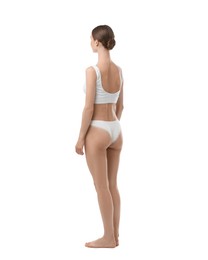 Photo of Woman wearing beautiful underwear on white background