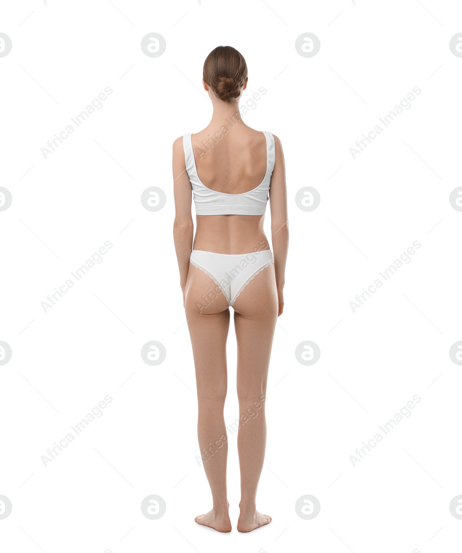 Woman wearing beautiful underwear on white background, back view Photo of Woman wearing beautiful underwear on white background, back view