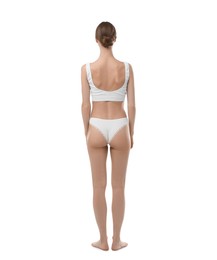 Photo of Woman wearing beautiful underwear on white background, back view