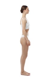 Photo of Woman wearing beautiful underwear on white background