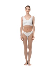 Photo of Woman wearing beautiful underwear on white background