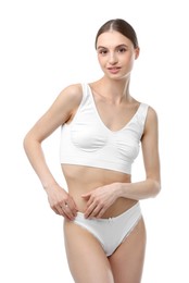 Photo of Woman wearing beautiful underwear on white background