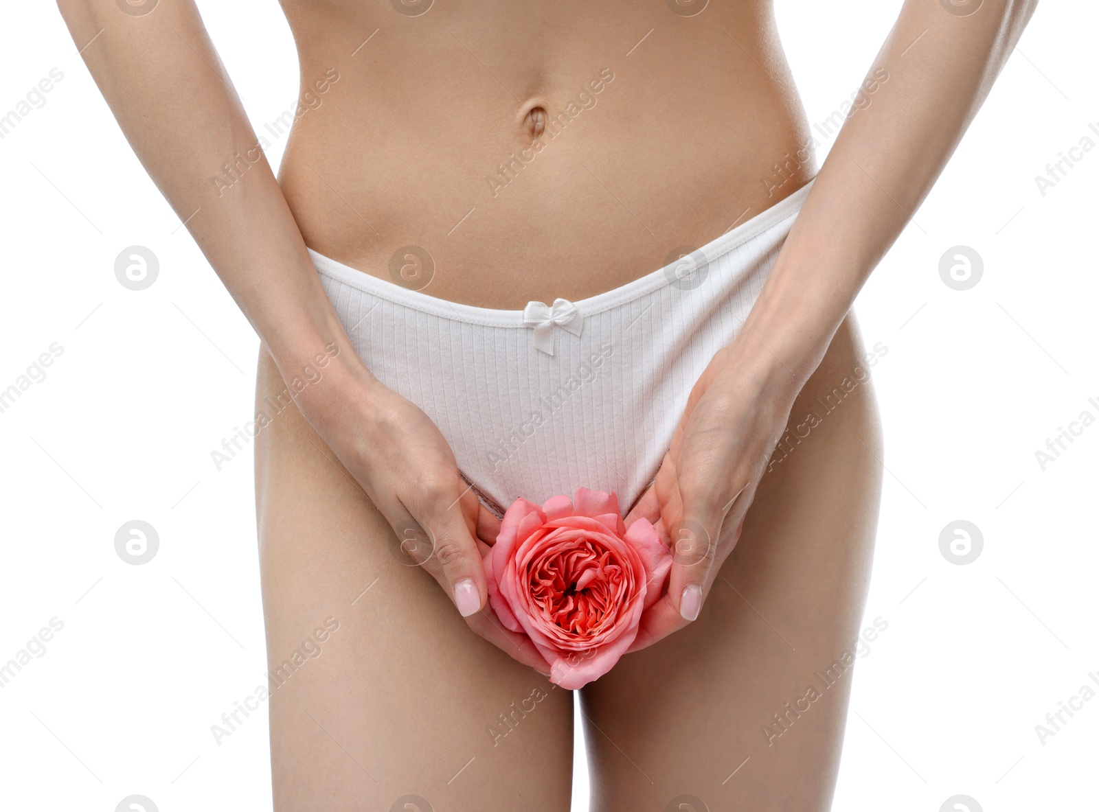 Woman with flower wearing beautiful underwear on white background, closeup Photo of Woman with flower wearing beautiful underwear on white background, closeup