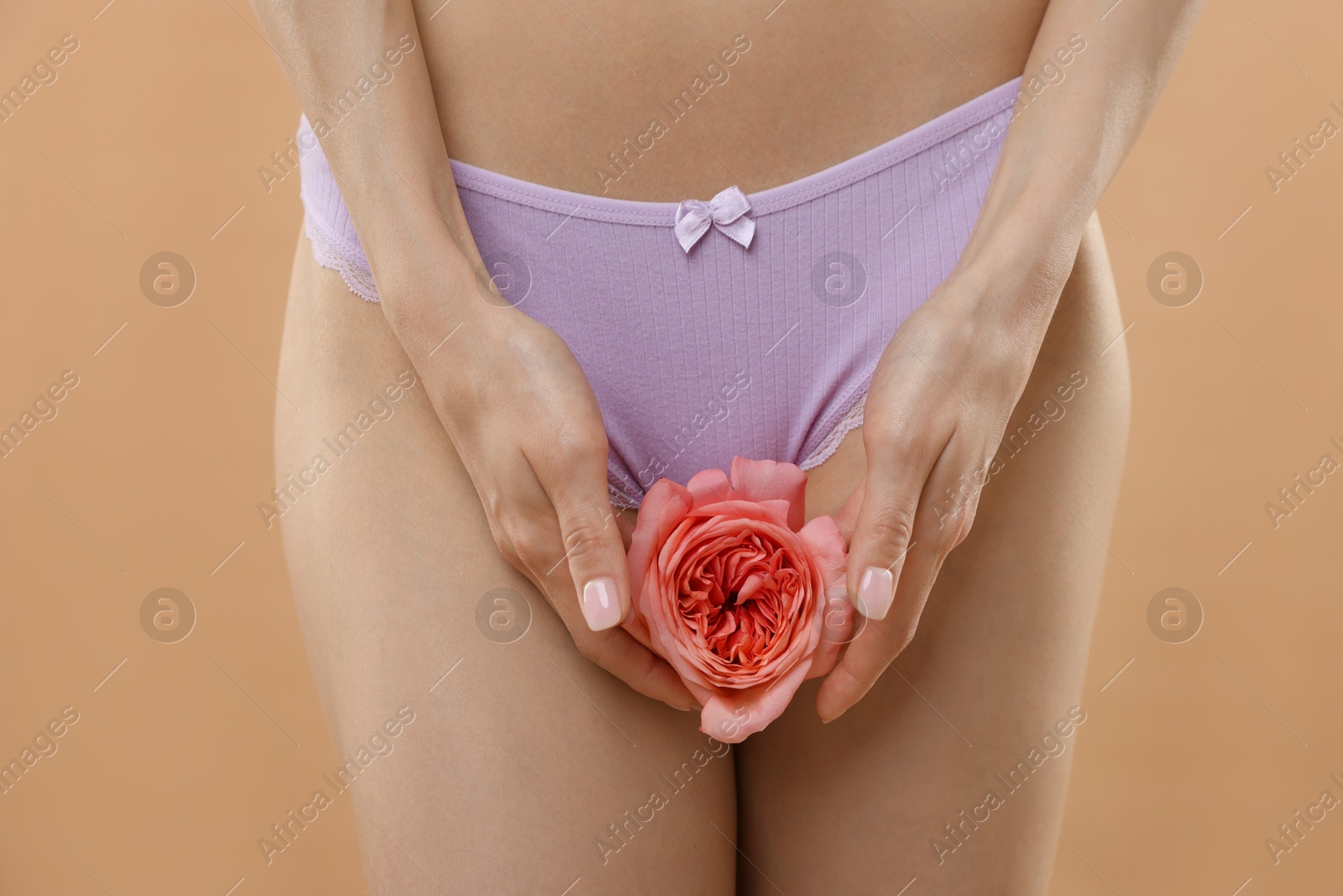 Woman with flower wearing beautiful underwear on beige background, closeup Photo of Woman with flower wearing beautiful underwear on beige background, closeup