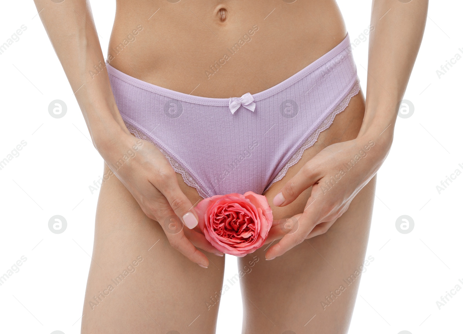 Woman with flower wearing beautiful underwear on white background, closeup Photo of Woman with flower wearing beautiful underwear on white background, closeup