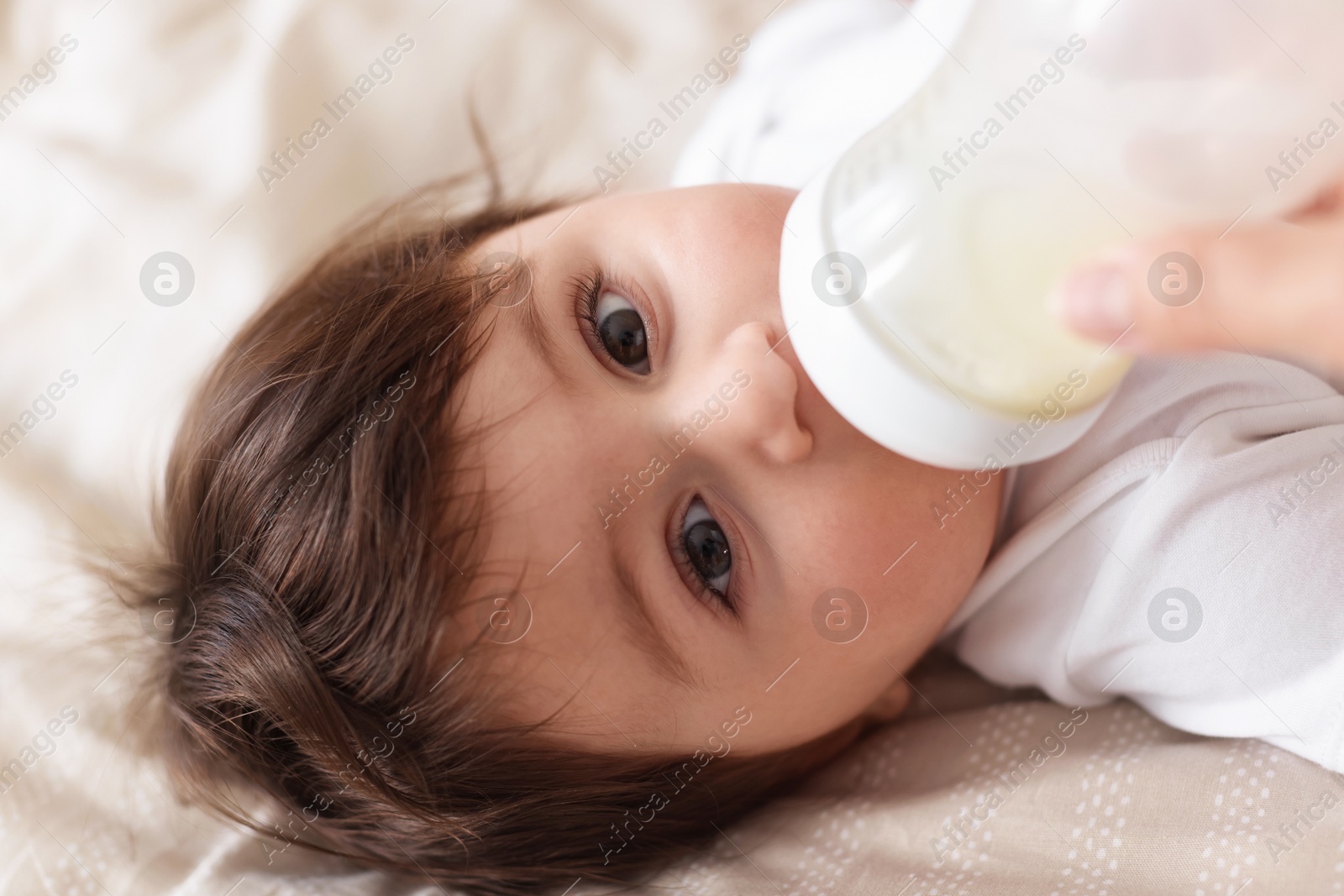 Father feeding his little baby with bottle on bed at home, closeup Photo of Father feeding his little baby with bottle on bed at home, closeup
