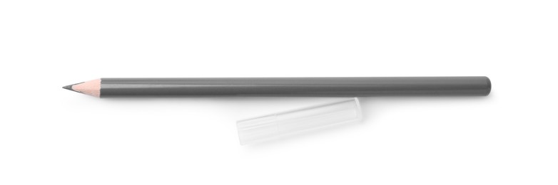 Photo of Grey eyebrow pencil isolated on white, top view