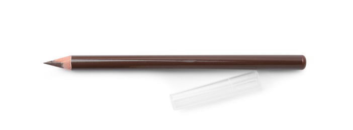 Photo of Brown eyebrow pencil isolated on white, top view