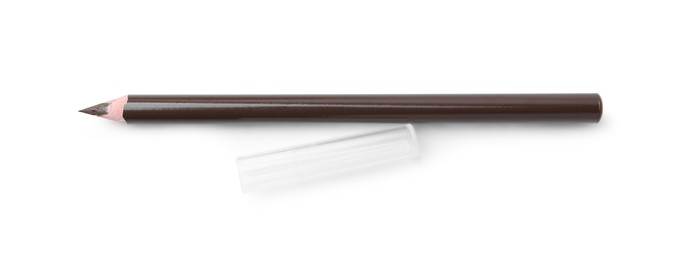 Photo of Brown eyebrow pencil isolated on white, top view