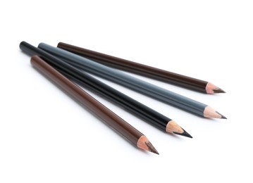 Photo of Many different eyebrow pencils isolated on white