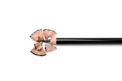 Photo of Beautiful eyebrow pencil and shavings isolated on white, top view