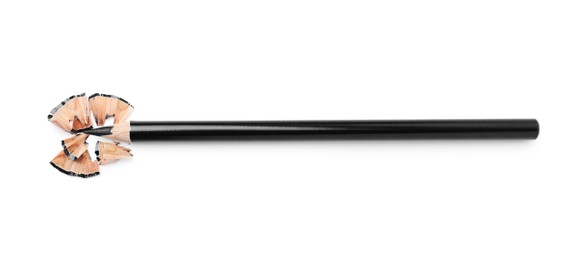 Photo of Beautiful eyebrow pencil and shavings isolated on white, top view