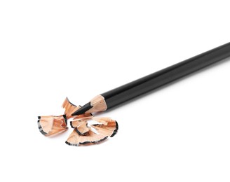 Photo of Beautiful eyebrow pencil and shavings isolated on white