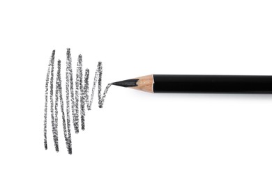 Photo of Beautiful eyebrow pencil and strokes isolated on white, top view