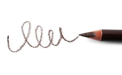 Photo of Beautiful eyebrow pencil and strokes isolated on white, top view