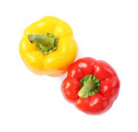 Photo of Ripe colorful bell peppers isolated on white, top view