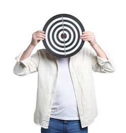 Photo of Targeting. Man with dart board on white background