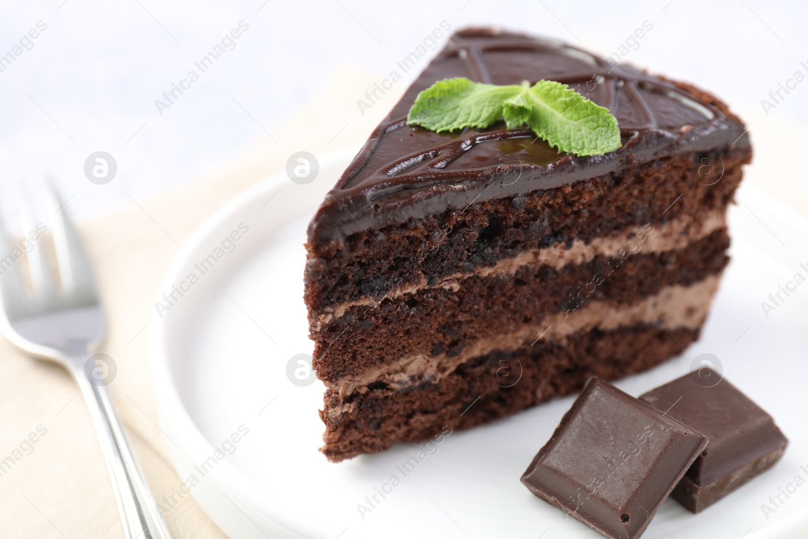 Piece of delicious cake, mint and chocolate on light table, closeup Photo of Piece of delicious cake, mint and chocolate on light table, closeup